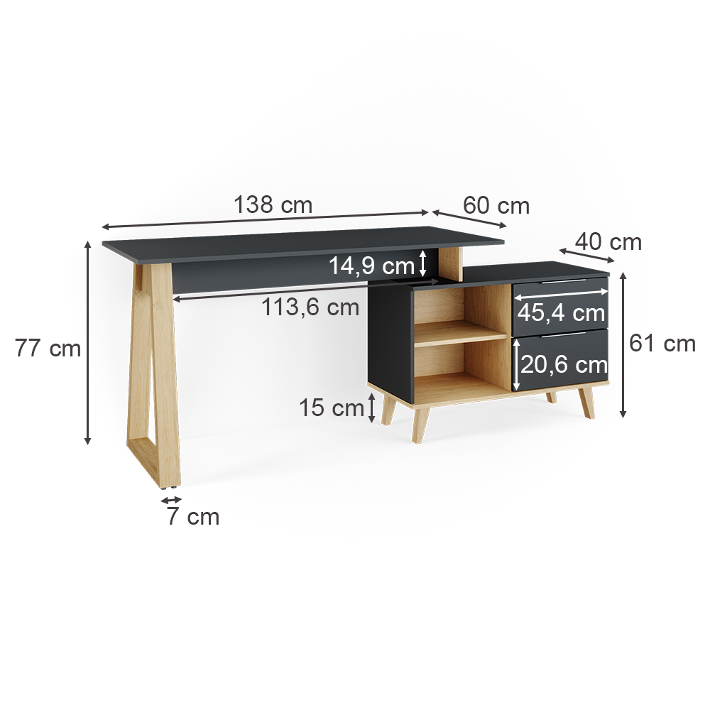 Schreibtisch "Nautica" Anthrazit/Buche 138 x 60 cm mit Schubladen, XL livinity®
