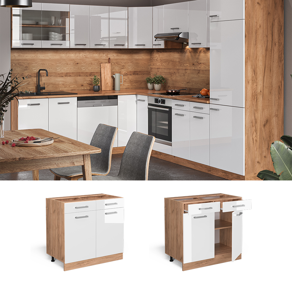 Küchenunterschrank "R-Line" Weiß Hochglanz/Goldkraft Eiche 80 cm ohne Arbeitsplatte livinity®