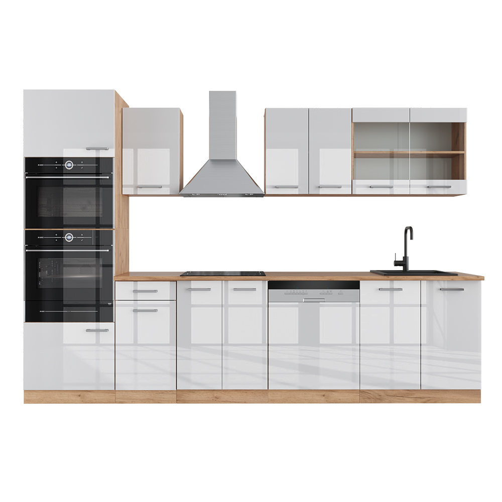 Küchenzeile "R-Line" Weiß Hochglanz/Goldkraft Eiche 300 cm mit Hochschrank, ohne Arbeitsplatte livinity®