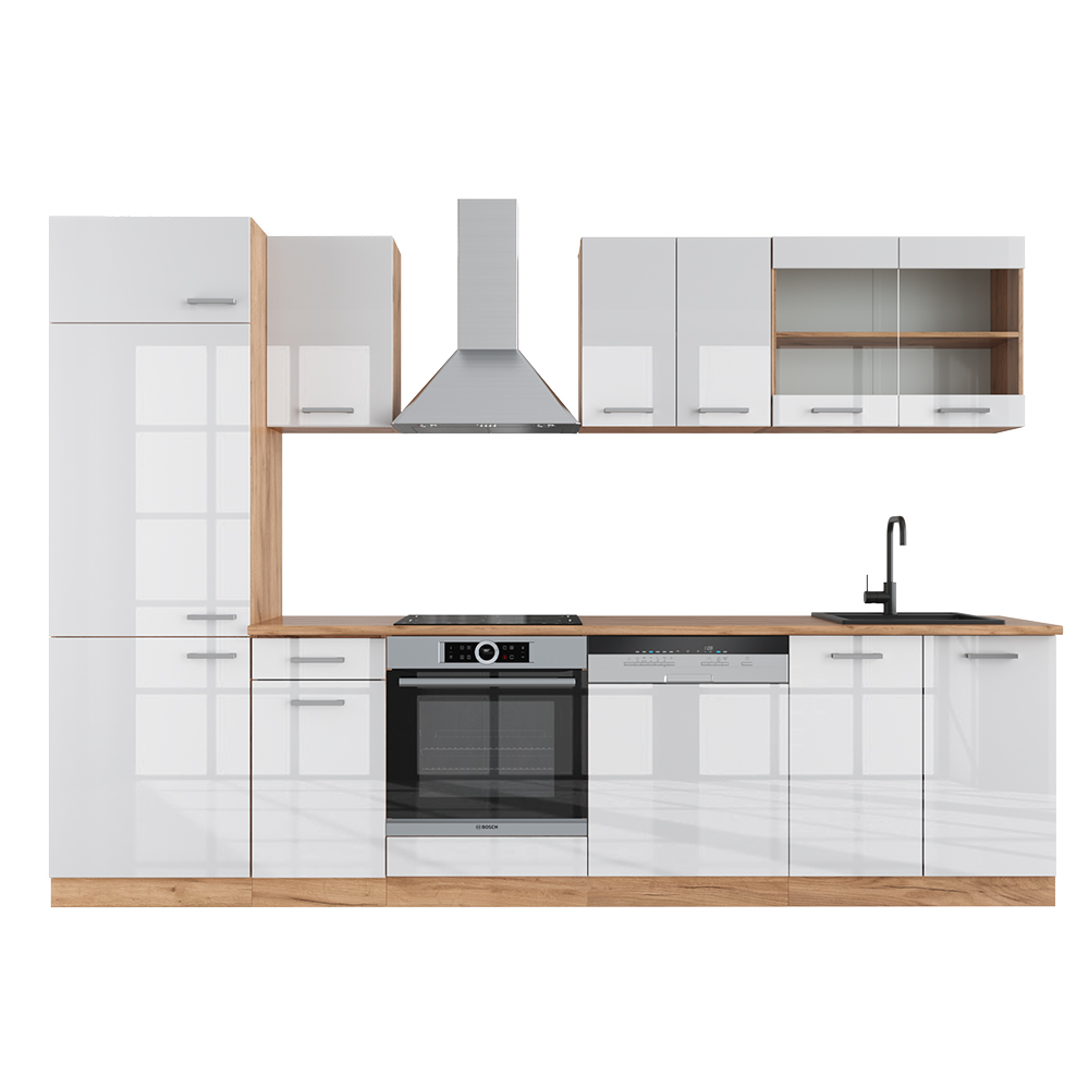 Küchenzeile "R-Line" Weiß Hochglanz/Goldkraft Eiche 300 cm ohne Arbeitsplatte livinity®