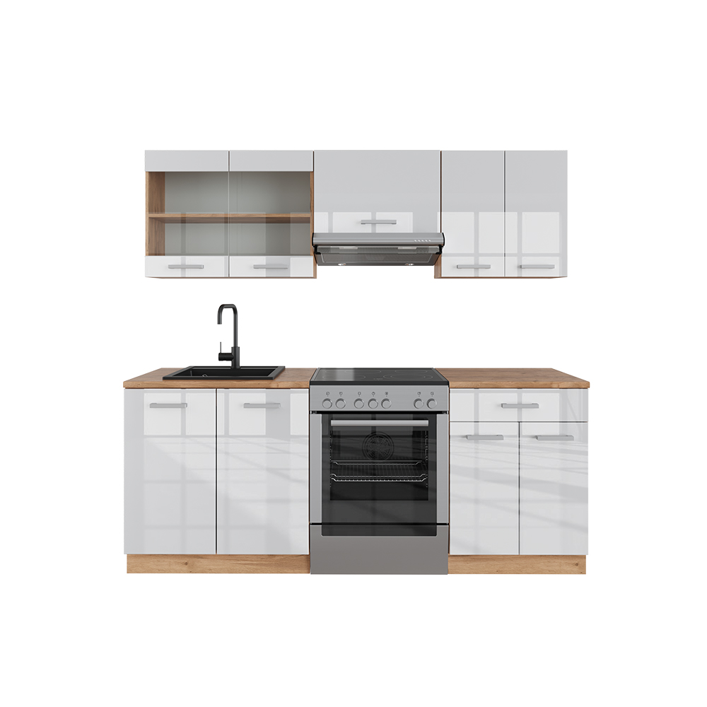 Küchenzeile "R-Line" Weiß Hochglanz/Goldkraft Eiche 200 cm ohne Arbeitsplatte livinity®