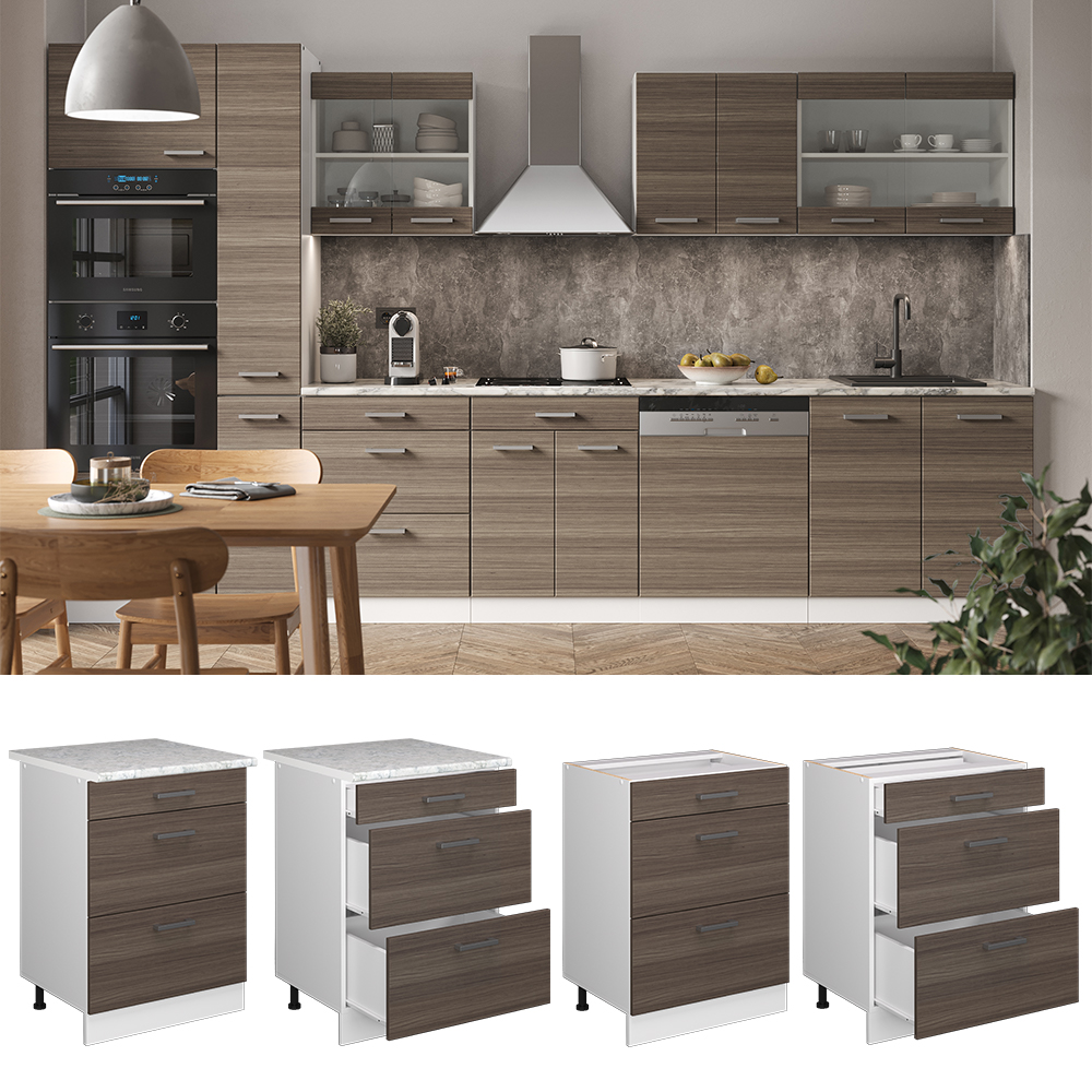 Küchenunterschrank "R-Line" Grau/Weiß 60 cm mit Schubladen, und Arbeitsplatte livinity®