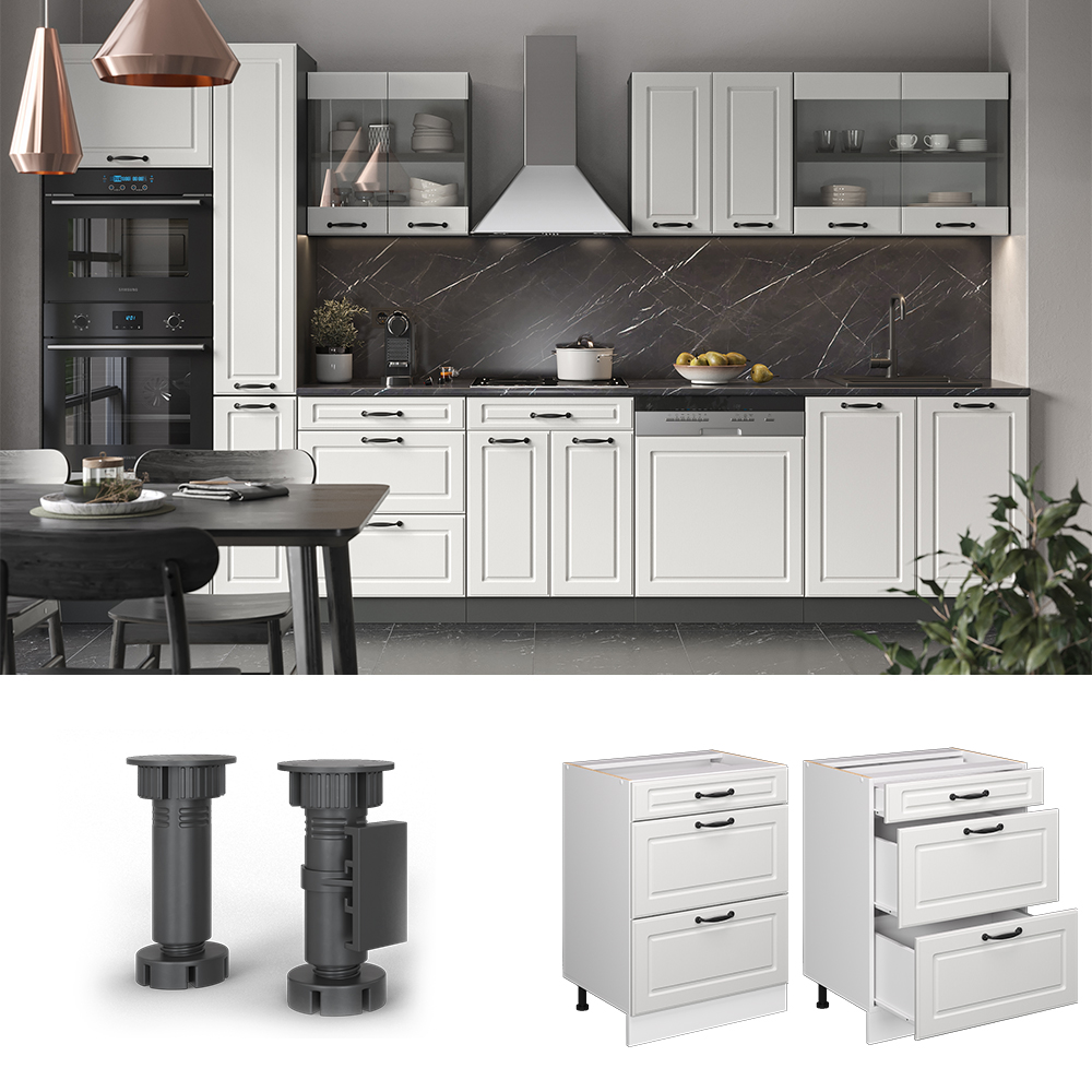 Küchenunterschrank "R-Line" Weiß Landhaus/Weiß 60 cm mit Schubladen, ohne Arbeitsplatte livinity®