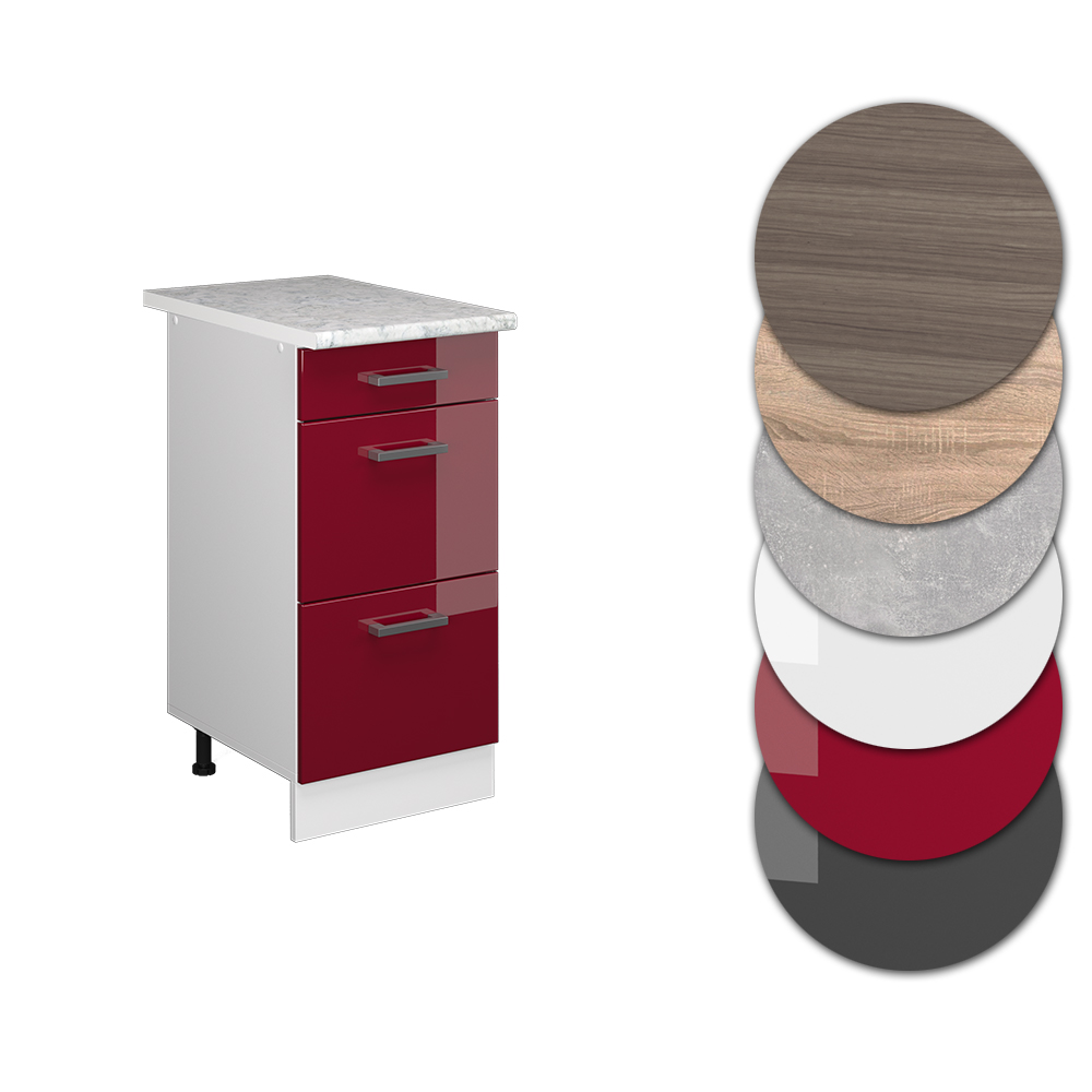Küchenunterschrank "R-Line" Bordeaux Hochglanz/Weiß 40 cm mit Schubladen, und Arbeitsplatte livinity®