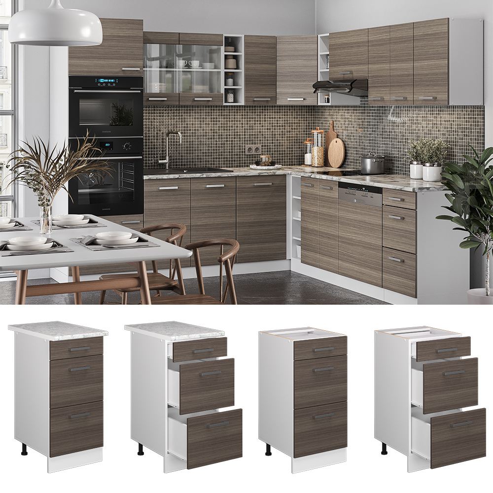 Küchenunterschrank "R-Line" Grau/Weiß 40 cm mit Schubladen, ohne Arbeitsplatte livinity®
