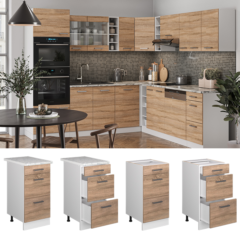 Küchenunterschrank "R-Line" Sonoma/Weiß 40 cm mit Schubladen, ohne Arbeitsplatte livinity®