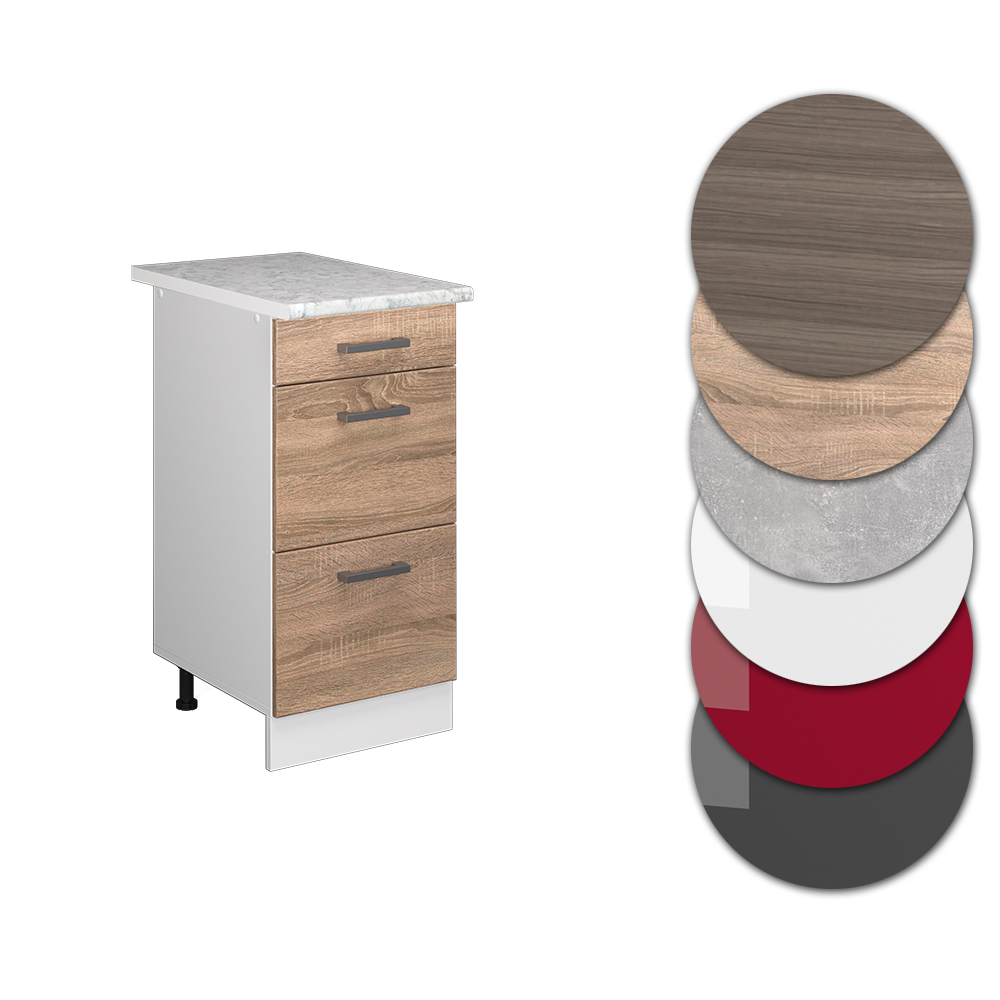 Küchenunterschrank "R-Line" Sonoma/Weiß 40 cm mit Schubladen, und Arbeitsplatte livinity®