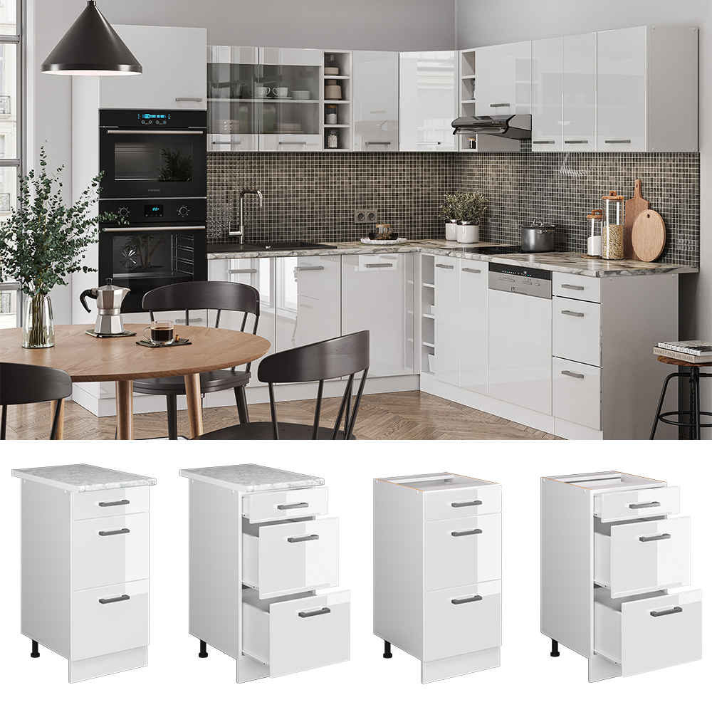 Küchenunterschrank "R-Line" Weiß Hochglanz/Weiß 40 cm mit Schubladen, AP Marmor livinity®