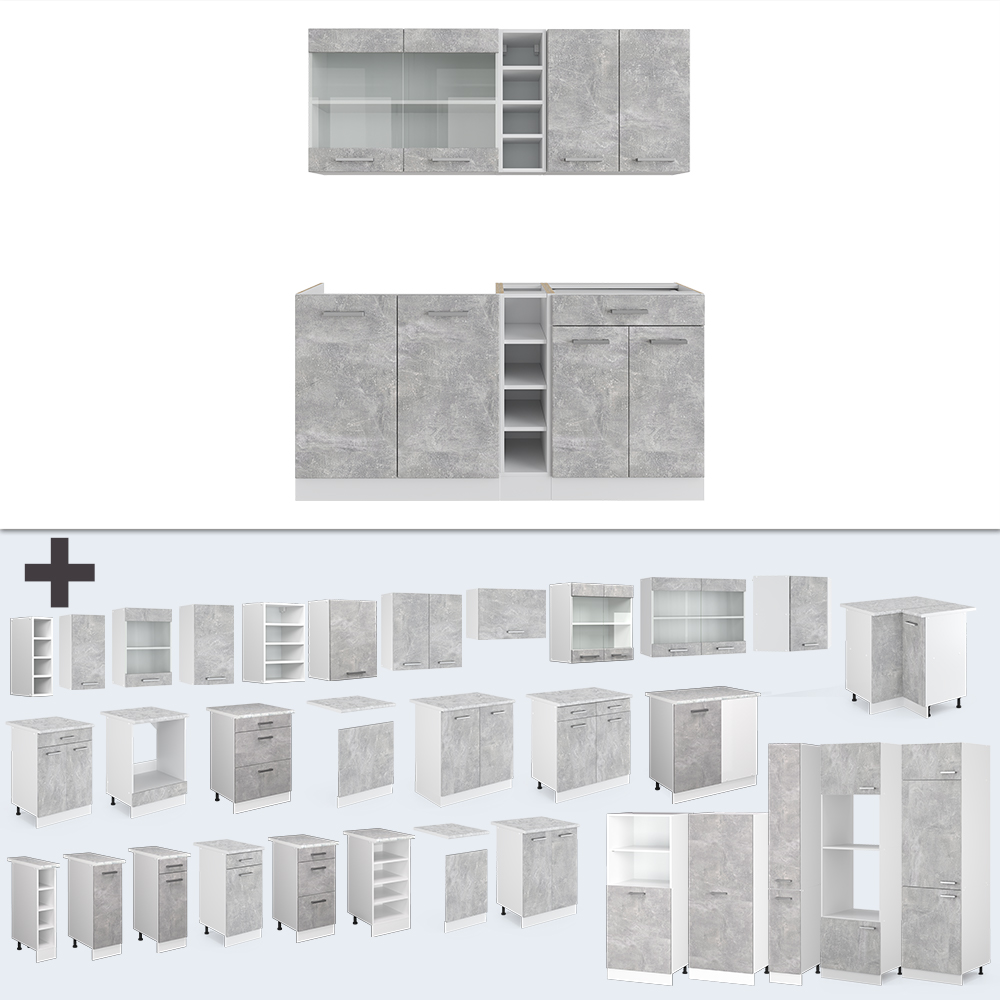 Singleküche "R-Line" Beton/Weiß 160 cm mit Arbeitsplatte livinity®
