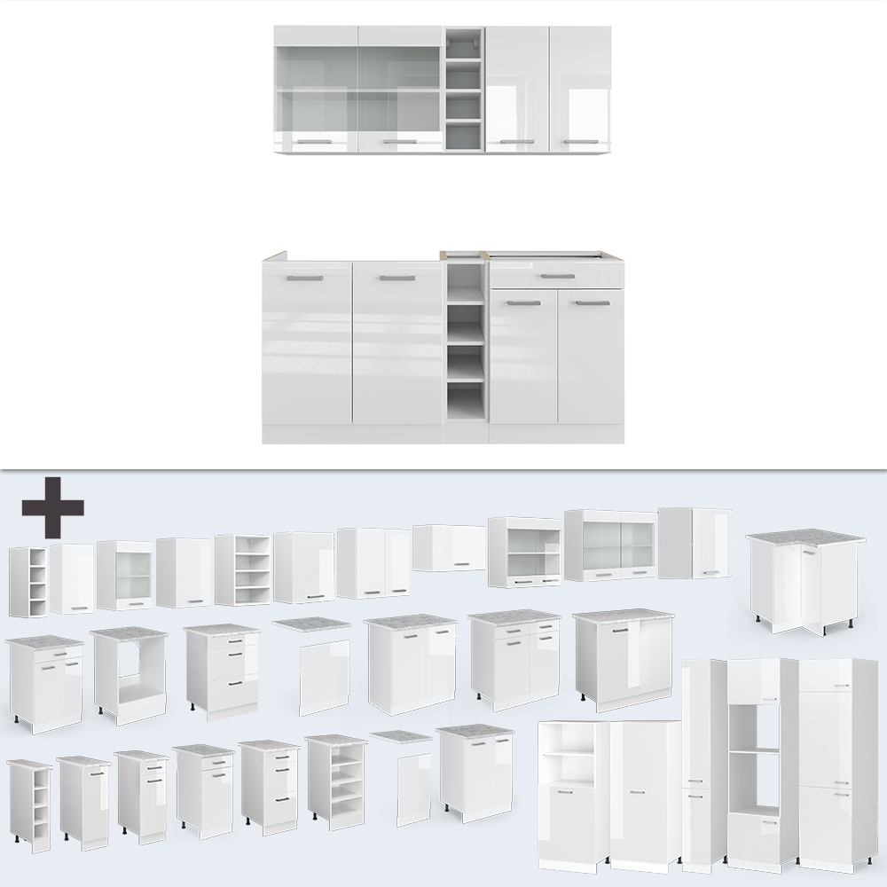 Singleküche "R-Line" Weiß Hochglanz/Weiß 160 cm ohne Arbeitsplatte livinity®