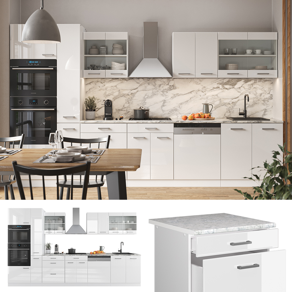 Küchenzeile "R-Line" Weiß Hochglanz/Weiß 350 cm mit Hochschrank, AP Marmor livinity®