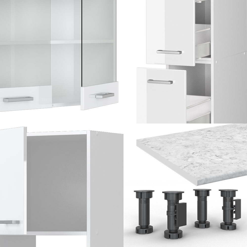Küchenzeile "R-Line" Weiß Hochglanz/Weiß 350 cm mit Hochschrank, AP Marmor livinity®