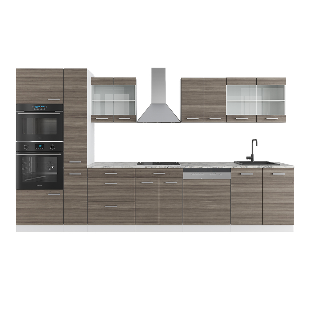 Küchenzeile "R-Line" Edelgrau/Weiß 350 cm mit Hochschrank, AP Marmor livinity®