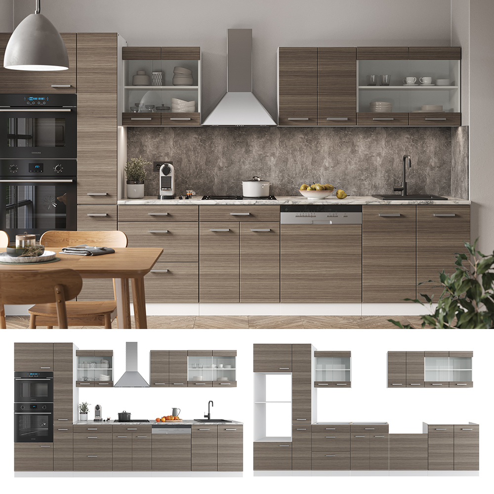 Küchenzeile "R-Line" Edelgrau/Weiß 350 cm mit Hochschrank, AP Marmor livinity®