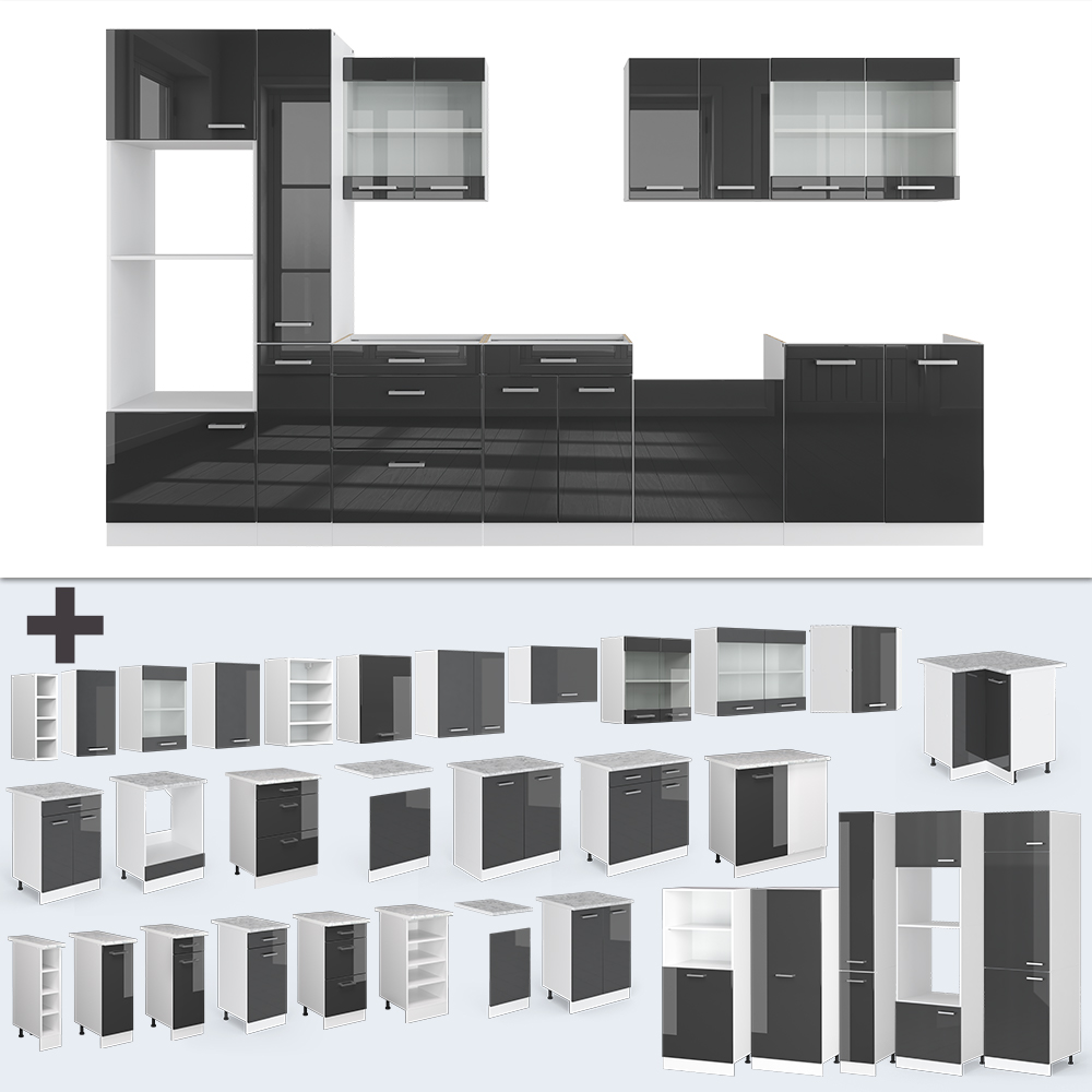Küchenzeile "R-Line" Anthrazit Hochglanz/Weiß 350 cm mit Hochschrank, ohne Arbeitsplatte livinity®
