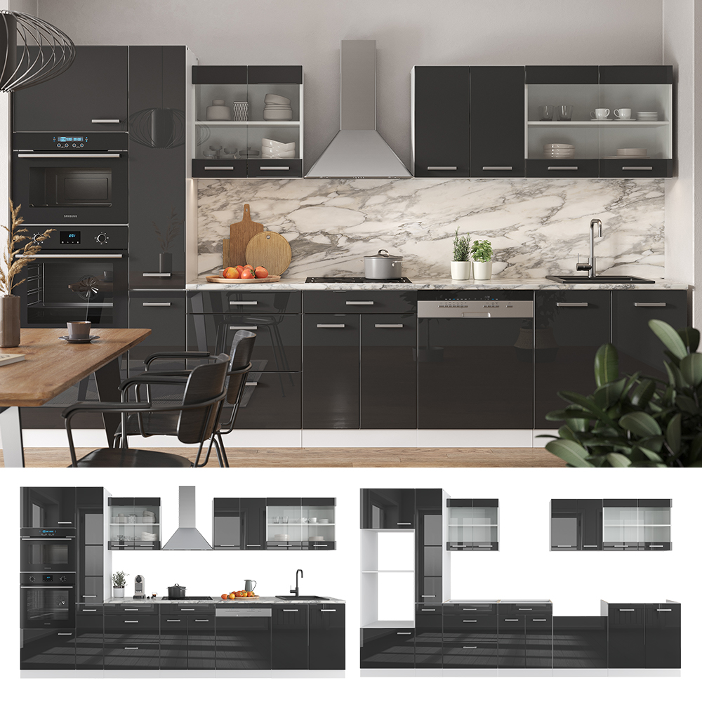 Küchenzeile "R-Line" Anthrazit Hochglanz/Weiß 350 cm mit Hochschrank, ohne Arbeitsplatte livinity®