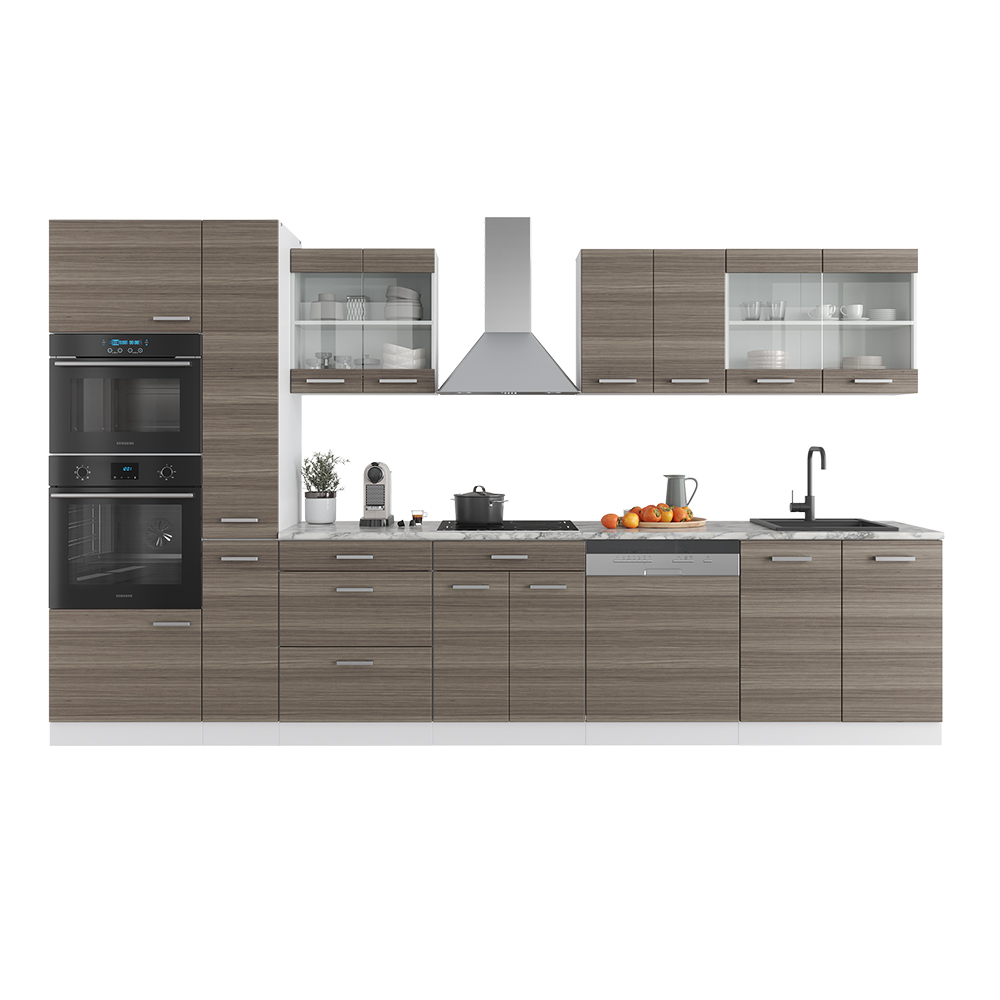 Küchenzeile "R-Line" Edelgrau/Weiß 350 cm mit Hochschrank, ohne Arbeitsplatte livinity®