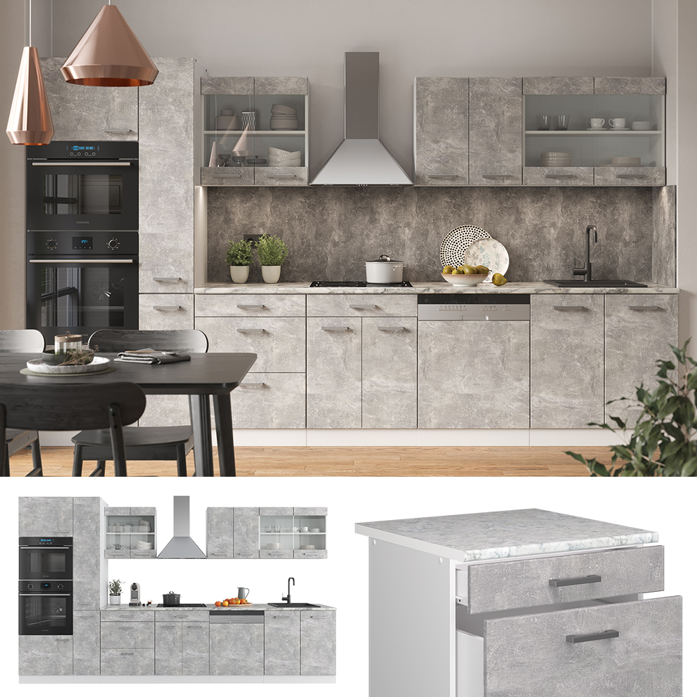 Küchenzeile "R-Line" Beton/Weiß 350 cm mit Hochschrank, ohne Arbeitsplatte livinity®
