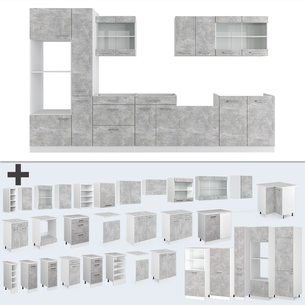 Küchenzeile "R-Line" Beton/Weiß 350 cm mit Hochschrank, ohne Arbeitsplatte livinity®