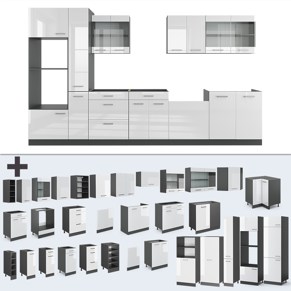 Küchenzeile "R-Line" Weiß Hochglanz/Anthrazit 350 cm mit Hochschrank, ohne Arbeitsplatte livinity®