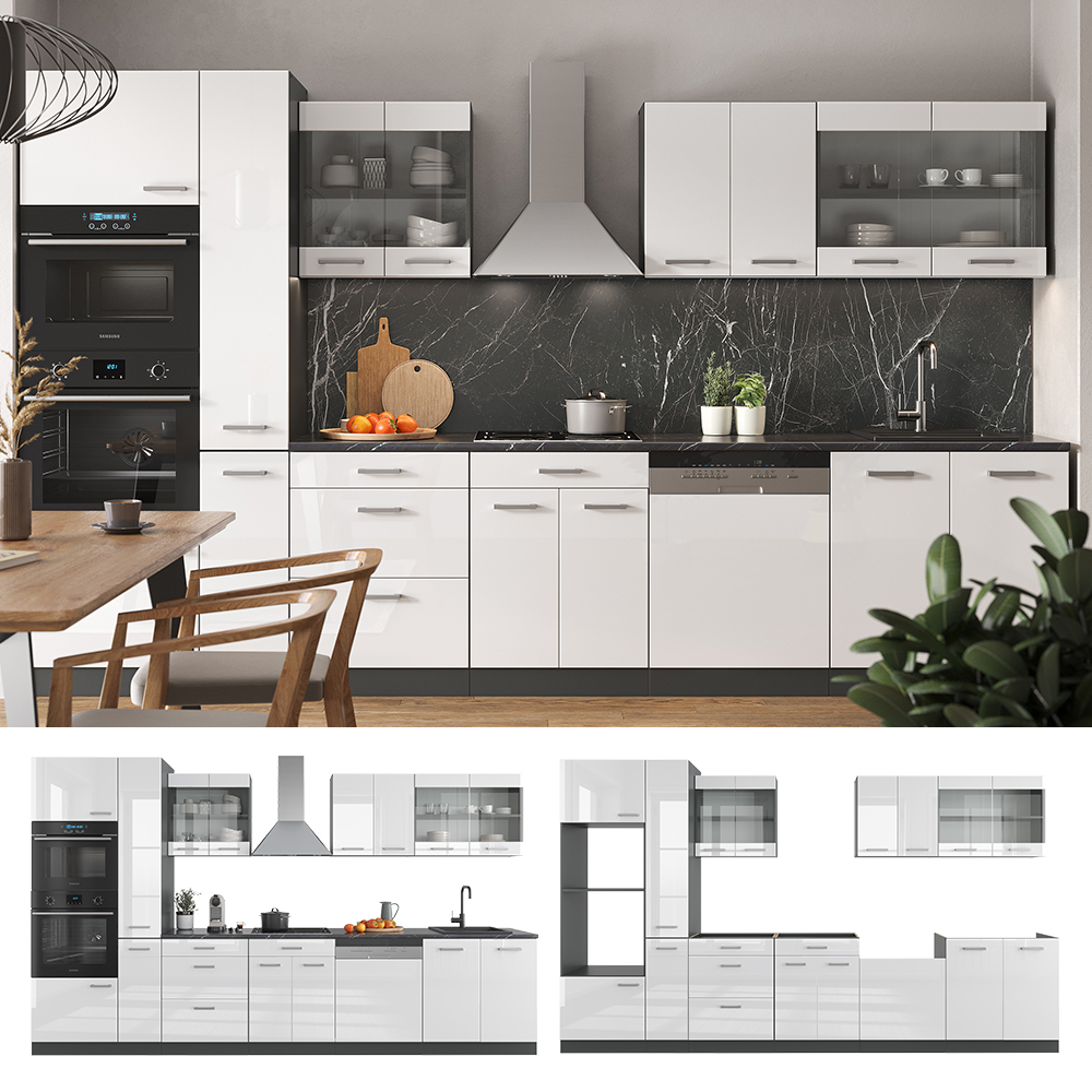 Küchenzeile "R-Line" Weiß Hochglanz/Anthrazit 350 cm mit Hochschrank, ohne Arbeitsplatte livinity®