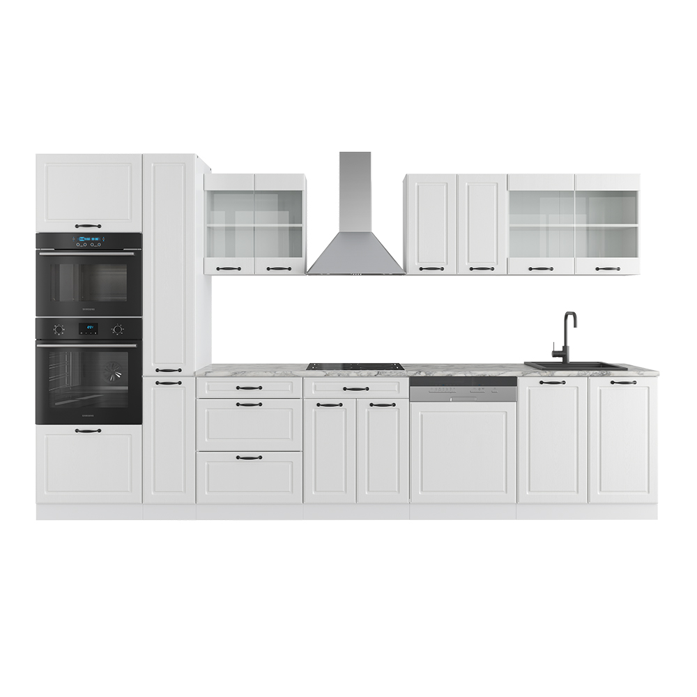 Küchenzeile "R-Line" Weiß Landhaus/Weiß 350 cm mit Hochschrank, ohne Arbeitsplatte livinity®