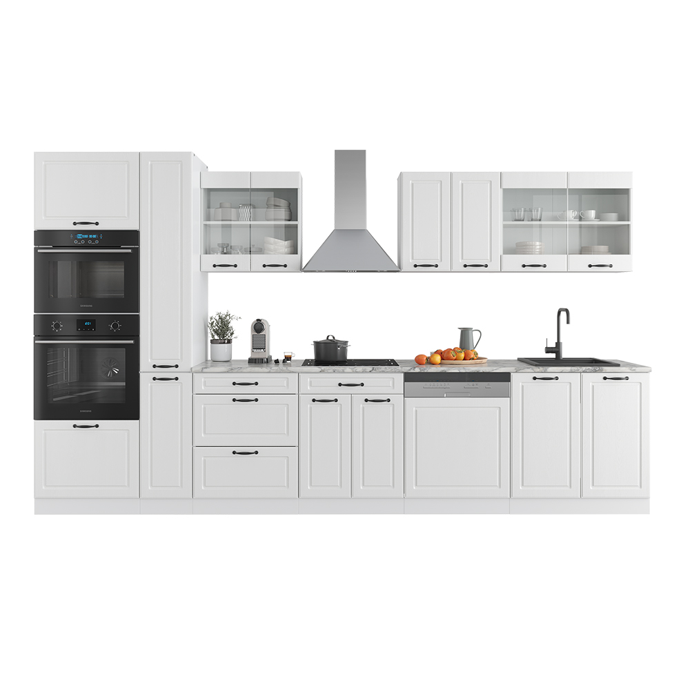 Küchenzeile "R-Line" Weiß Landhaus/Weiß 350 cm mit Hochschrank, ohne Arbeitsplatte livinity®