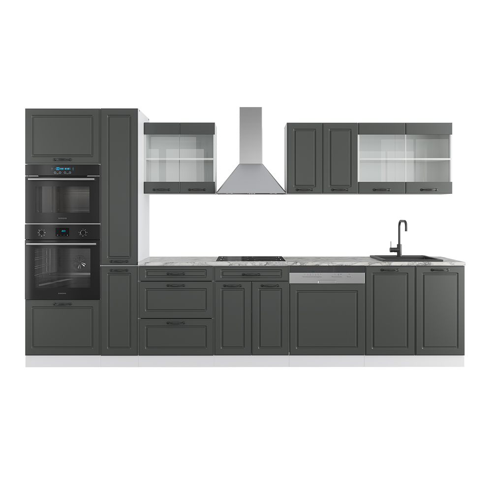 Küchenzeile "R-Line" Anthrazit Landhaus/Weiß 350 cm mit Hochschrank, ohne Arbeitsplatte livinity®