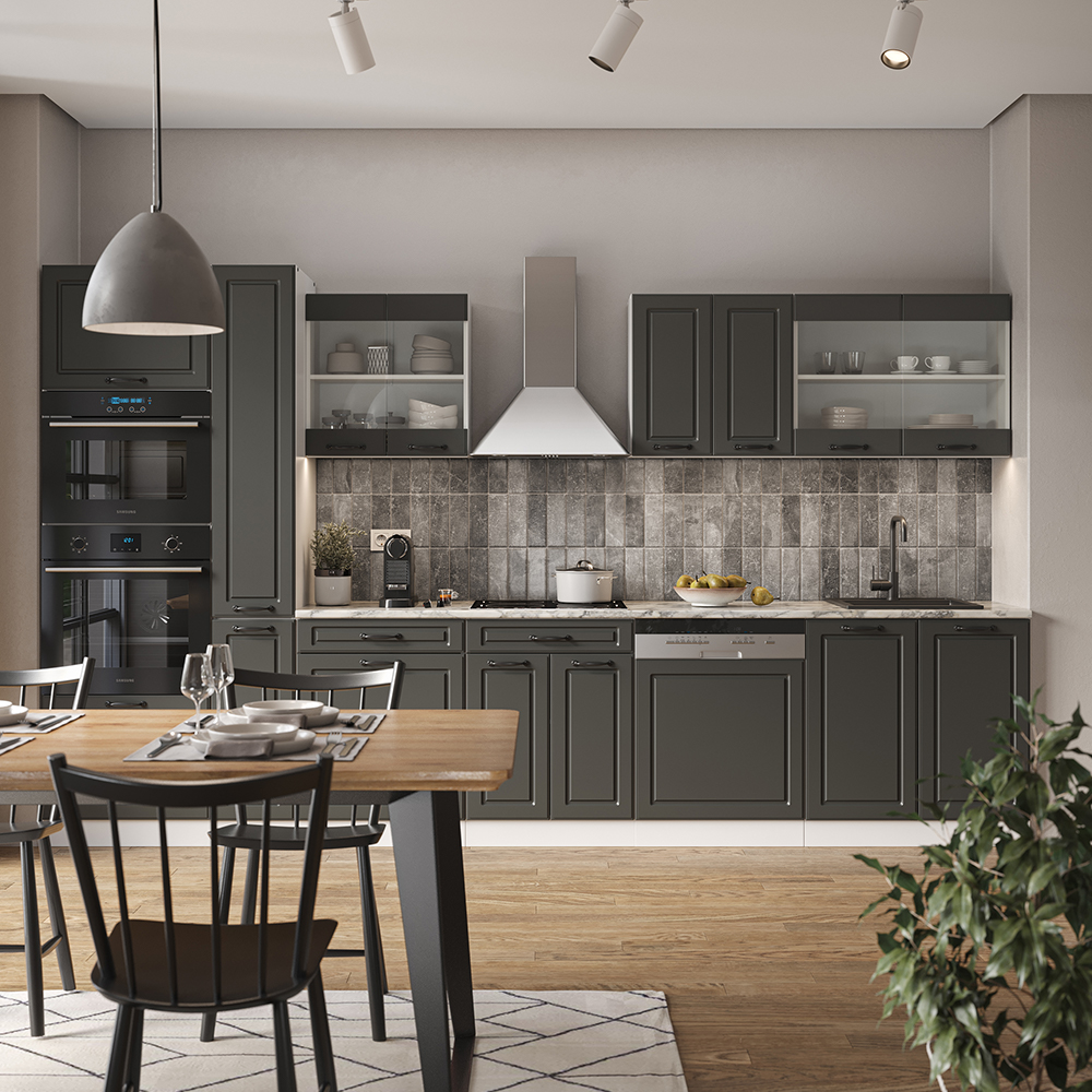 Küchenzeile "R-Line" Anthrazit Landhaus/Weiß 350 cm mit Hochschrank, ohne Arbeitsplatte livinity®