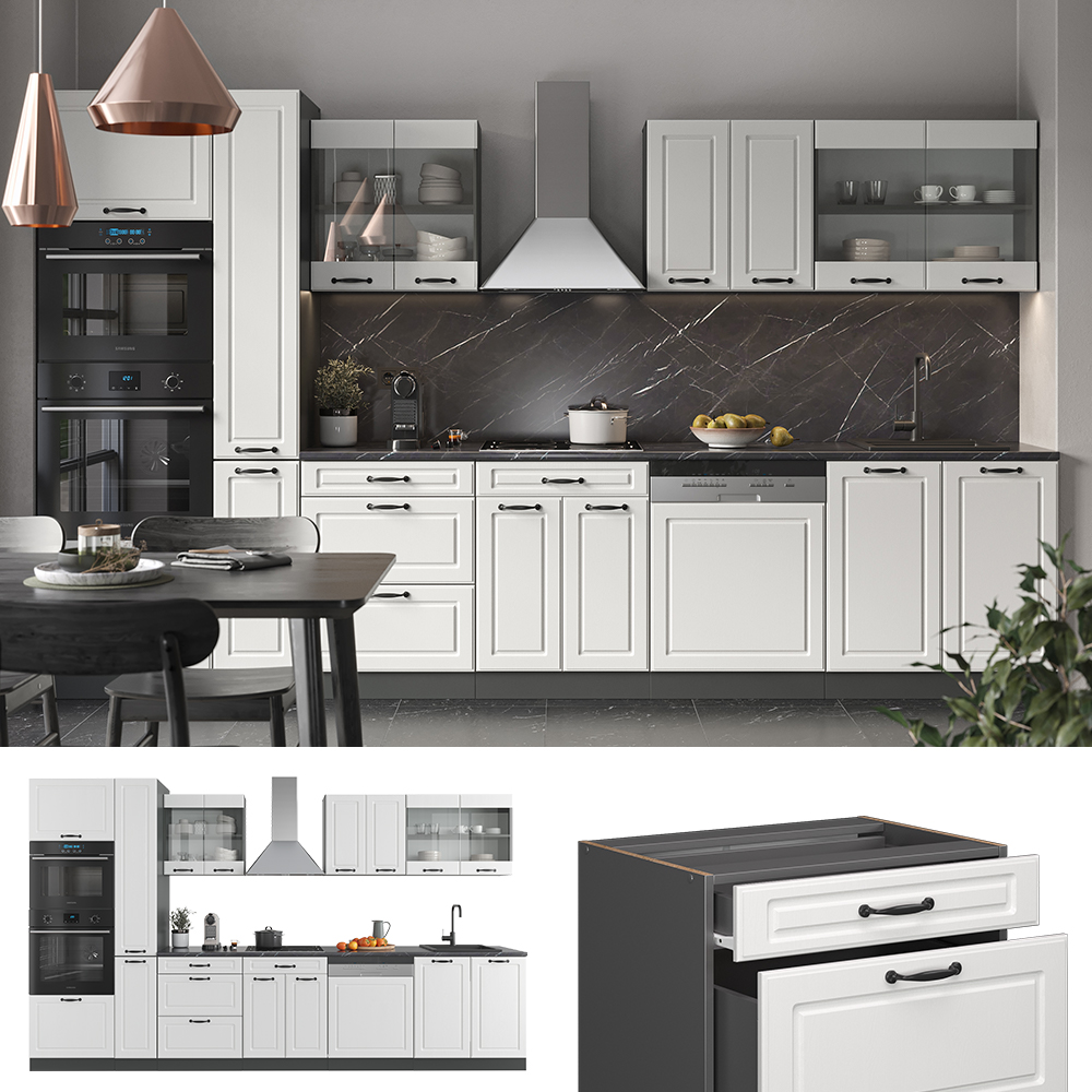 Küchenzeile "R-Line" Weiß Landhaus/Anthrazit 350 cm mit Hochschrank, ohne Arbeitsplatte livinity®