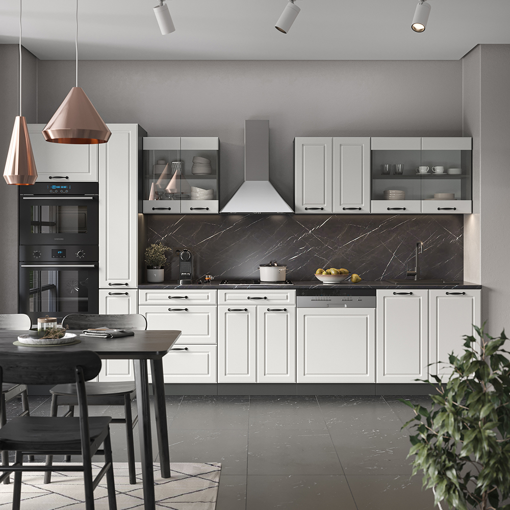 Küchenzeile "R-Line" Weiß Landhaus/Anthrazit 350 cm mit Hochschrank, ohne Arbeitsplatte livinity®