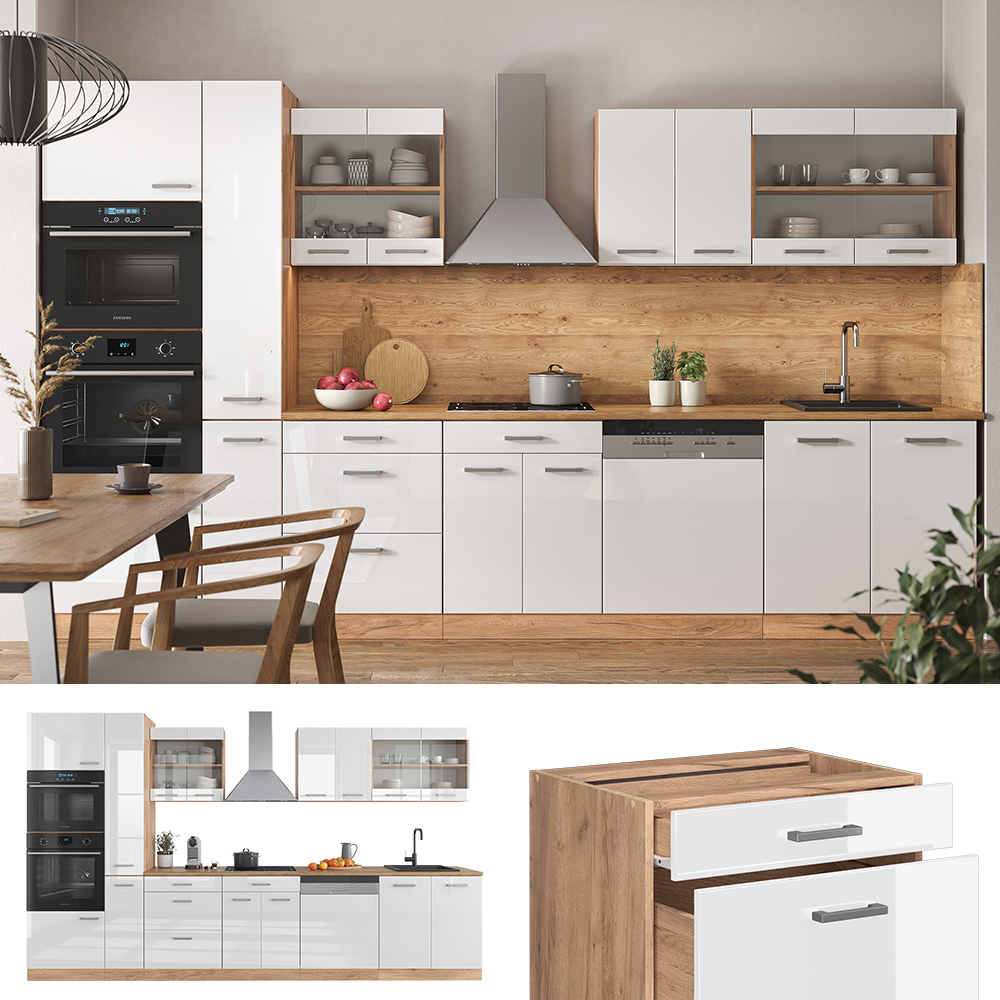 Küchenzeile "R-Line" Weiß Hochglanz/Goldkraft Eiche 350 cm mit Hochschrank, ohne Arbeitsplatte livinity®