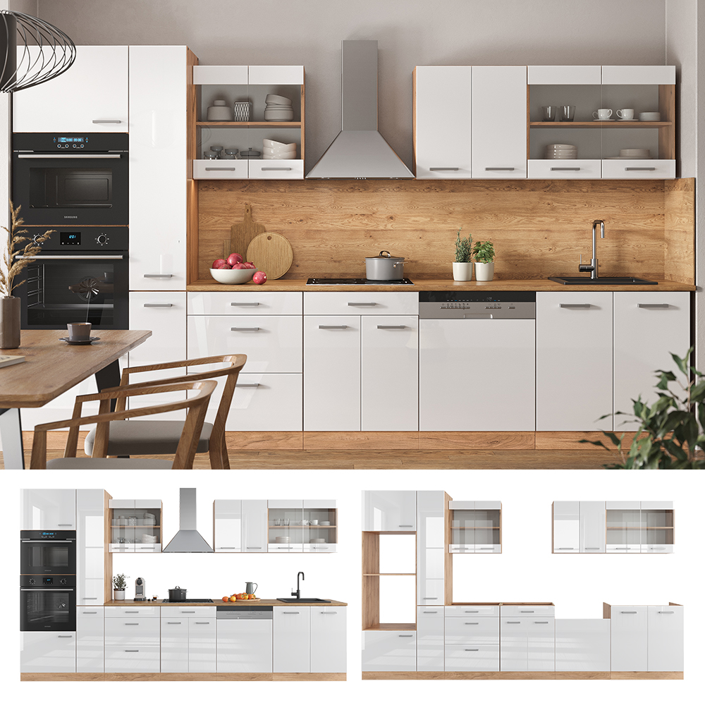 Küchenzeile "R-Line" Weiß Hochglanz/Goldkraft Eiche 350 cm mit Hochschrank, ohne Arbeitsplatte livinity®