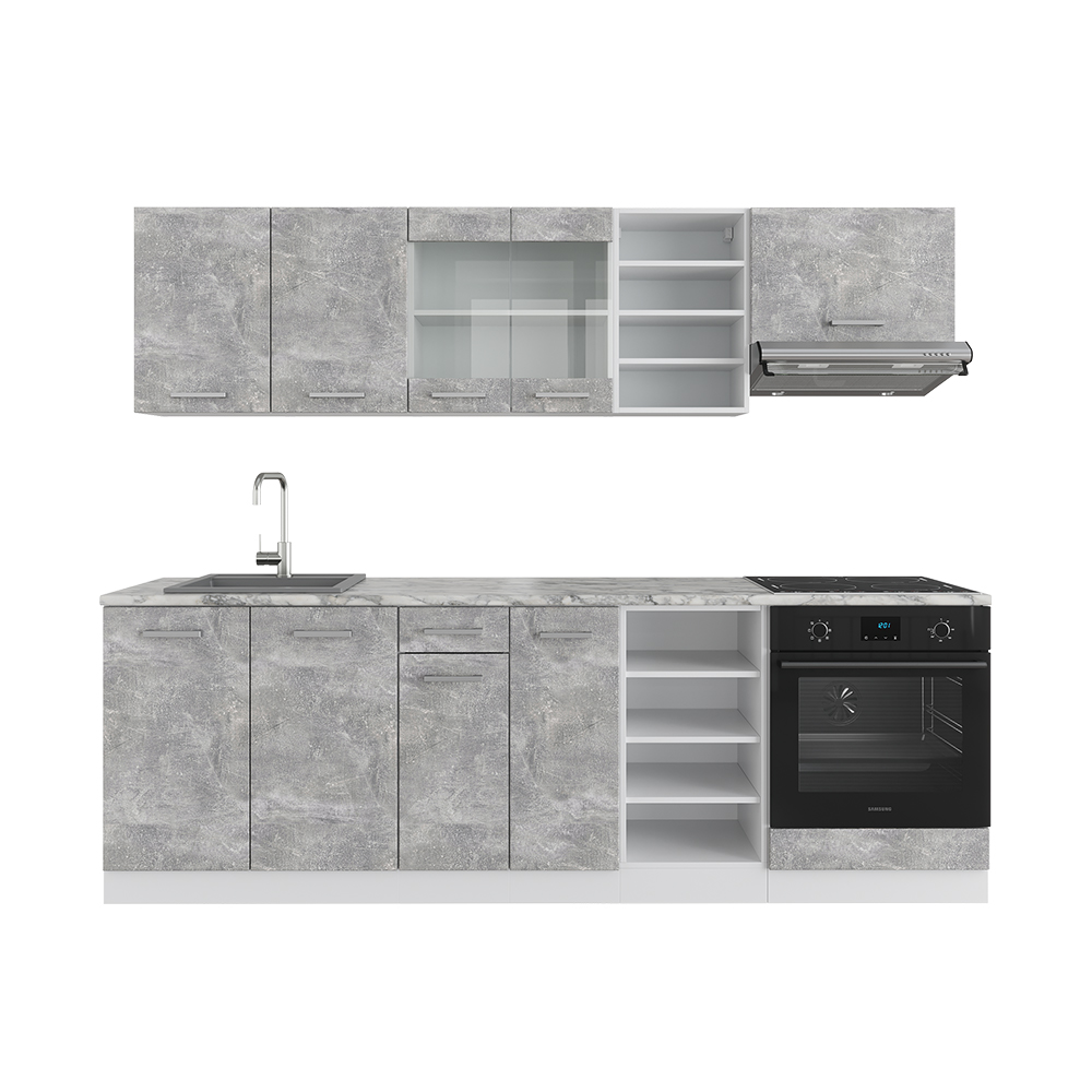 Küchenzeile "R-Line" Beton/Weiß 240 cm ohne Arbeitsplatte livinity®