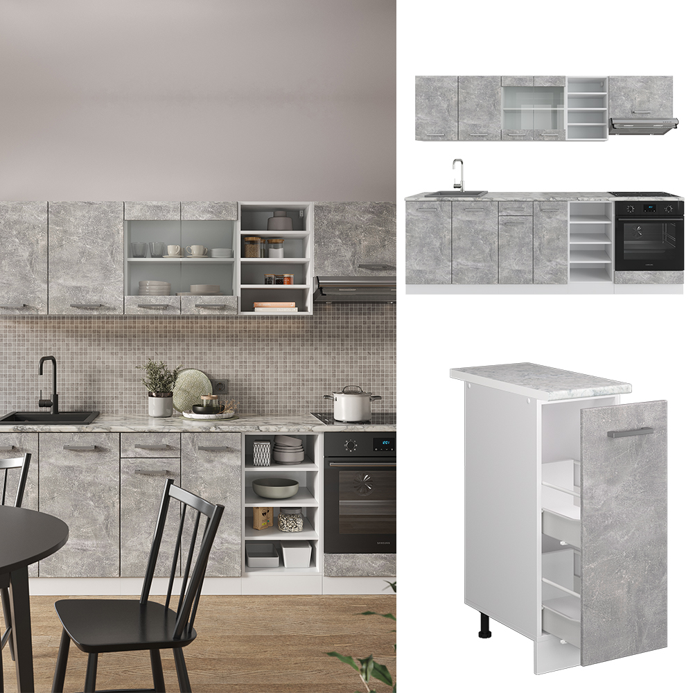 Küchenzeile "R-Line" Beton/Weiß 240 cm ohne Arbeitsplatte livinity®