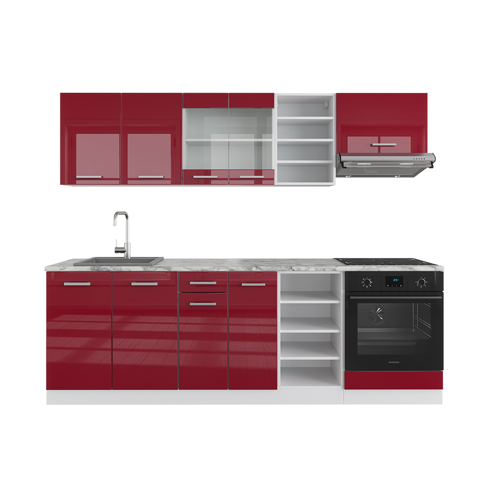 Küchenzeile "R-Line" Bordeaux Hochglanz/Weiß 240 cm ohne Arbeitsplatte livinity®