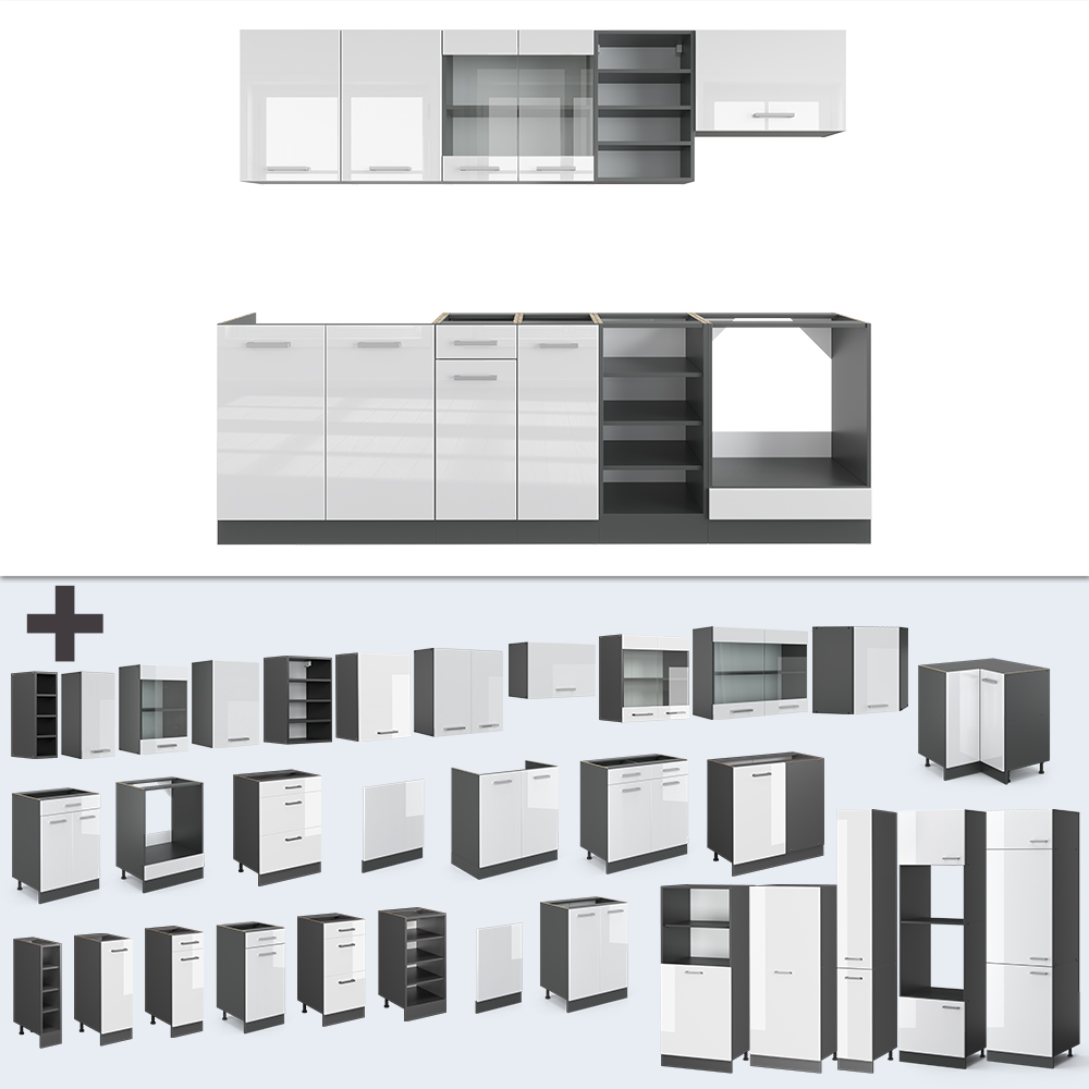 Küchenzeile "R-Line" Weiß Hochglanz/Anthrazit 240 cm ohne Arbeitsplatte livinity®