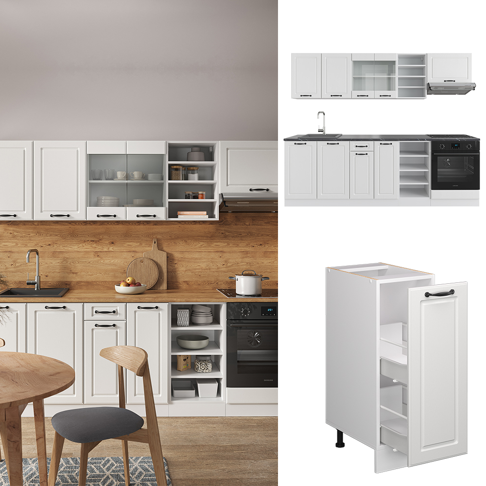Küchenzeile "R-Line" Weiß Landhaus/Weiß 240 cm ohne Arbeitsplatte livinity®