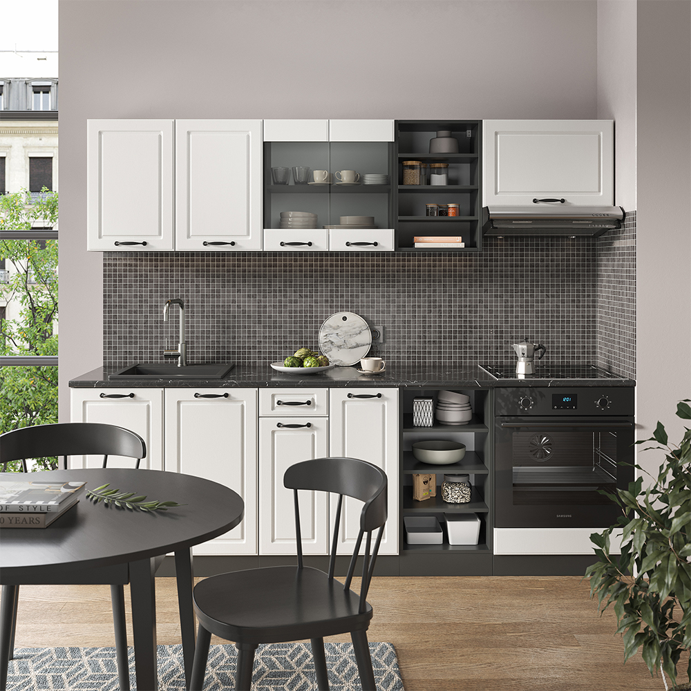 Küchenzeile "R-Line" Weiß Landhaus/Anthrazit 240 cm ohne Arbeitsplatte livinity®