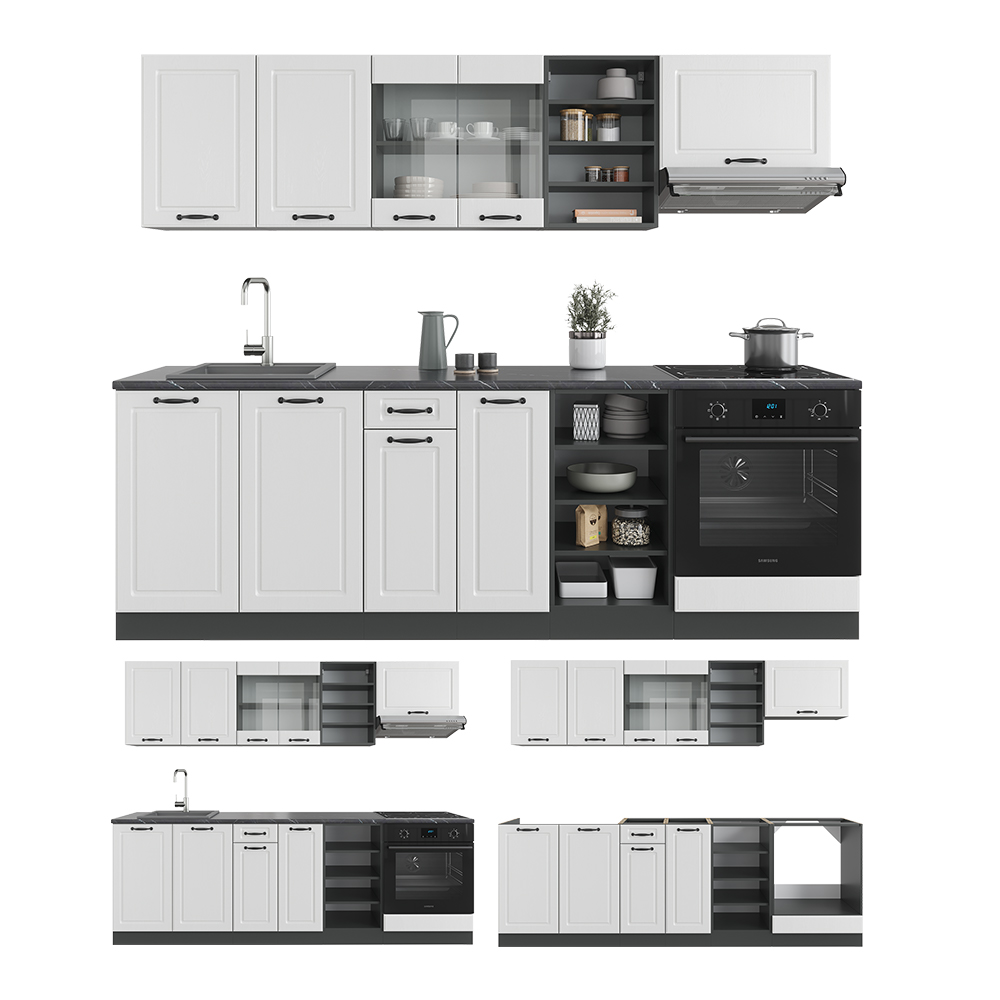 Küchenzeile "R-Line" Weiß Landhaus/Anthrazit 240 cm ohne Arbeitsplatte livinity®