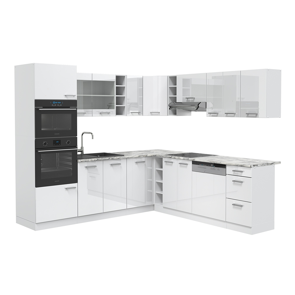 Eckküche "R-Line" Weiß Hochglanz/Weiß 237 x 247 cm ohne Arbeitsplatte livinity®