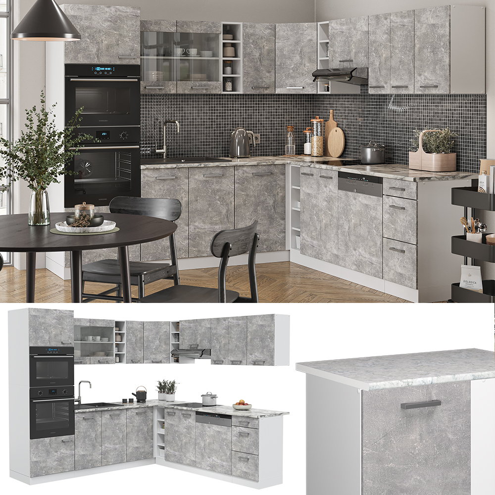 Eckküche "R-Line" Beton/Weiß 237 x 247 cm ohne Arbeitsplatte livinity®