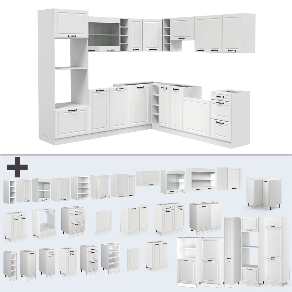 Eckküche "R-Line" Weiß Landhaus/Weiß 237 x 247 cm ohne Arbeitsplatte livinity®