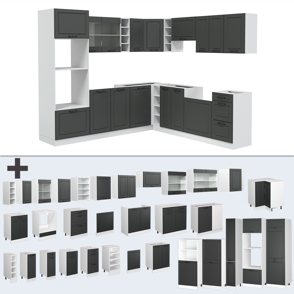 Eckküche "R-Line" Anthrazit Landhaus/Weiß 237 x 247 cm ohne Arbeitsplatte livinity®