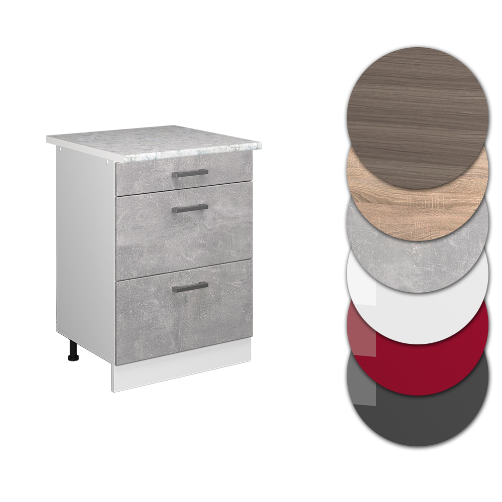 Küchenunterschrank "R-Line" Beton/Weiß 60 cm mit Schubladen, und Arbeitsplatte livinity®