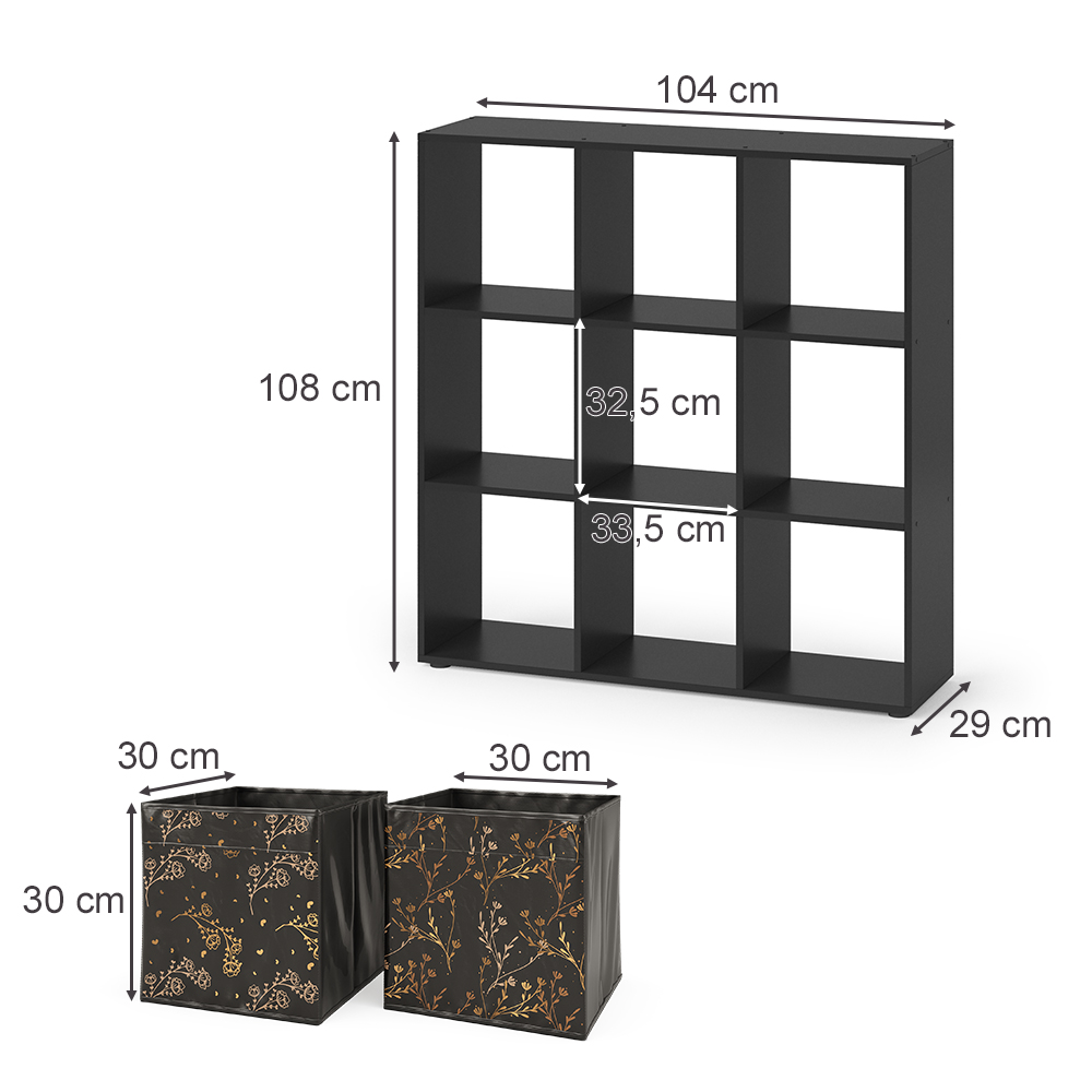 Raumteiler "Nove" Schwarz 104 x 108 cm mit 4 Faltboxen opt.2 livinity®