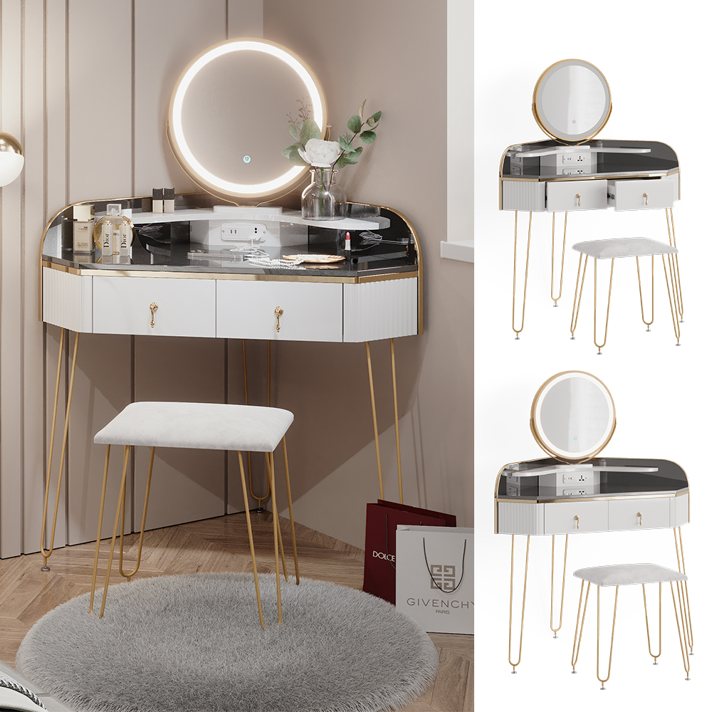 Coiffeuse d'angle Amira blanc avec miroir LED, tabouret et prise USB  Vicco