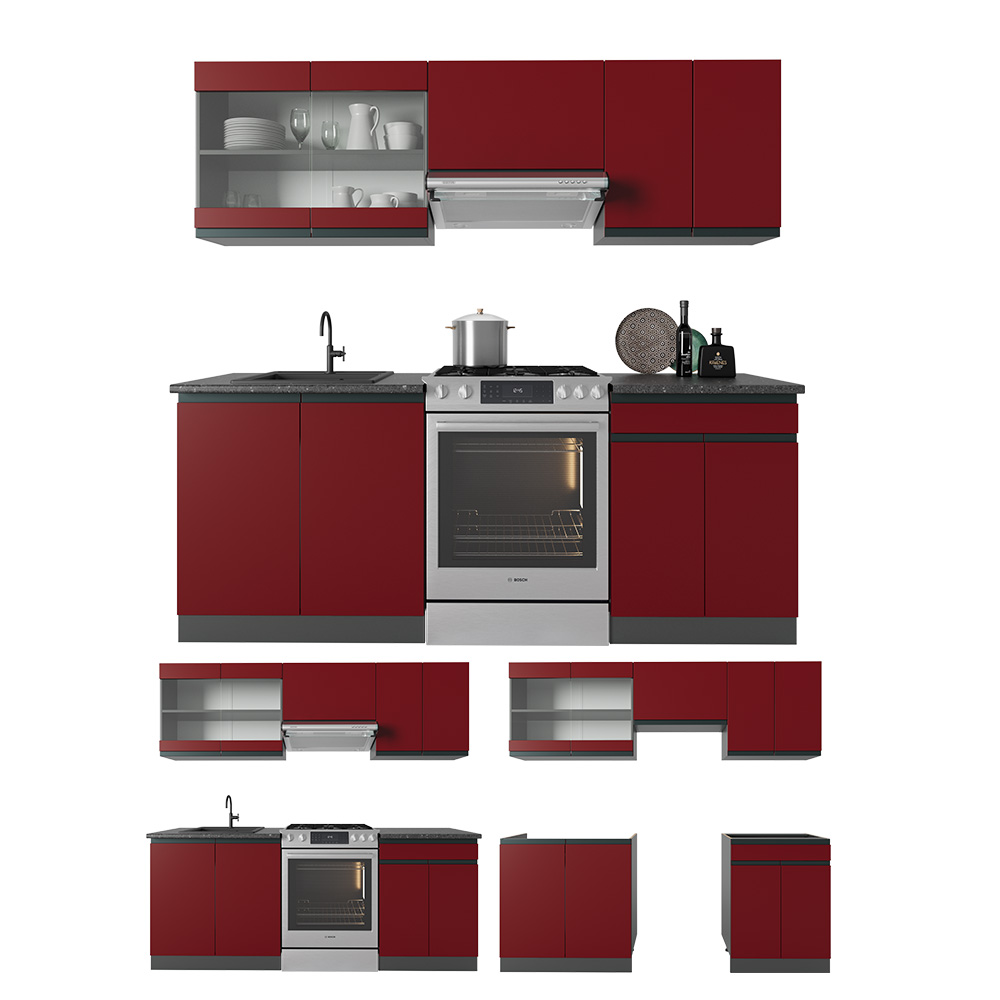 Küchenzeile "R-Line" Rot/Anthrazit 200 cm J-Shape livinity®