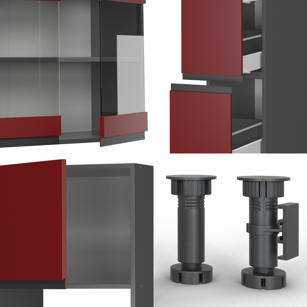 Küchenzeile "R-Line" Rot/Anthrazit 350 cm J-Shape, mit Hochschrank, ohne Arbeitsplatte livinity®