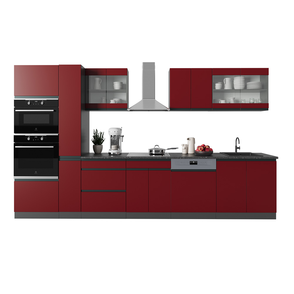 Küchenzeile "R-Line" Rot/Anthrazit 350 cm J-Shape, mit Hochschrank, ohne Arbeitsplatte livinity®